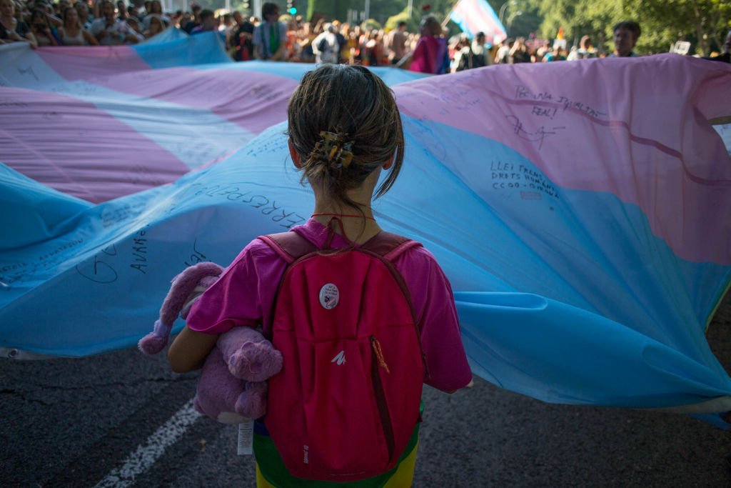 A girl holds the Transgender Pride flag during the pride march held in one of the most important streets of Madrid